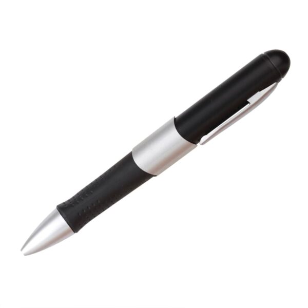 A silver and black ballpoint pen with a sleek design. It features a metallic clip on the cap and a textured grip section. The pen is positioned diagonally on a plain white background.