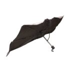 A black, semi-open umbrella turned inside out, showing its metal frame and handle, against a white background.