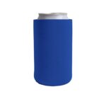 A silver can wrapped in a simple blue can cooler on a white background.