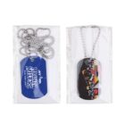 Two dog tags in plastic packaging. The left tag is blue with Mighty Milers Run For Life in white text. The right tag has a colorful abstract design. Both tags have ball chains.