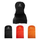 Four garment bags in black and orange colors with logo designs. Three bags are displayed flat with print visible, while one is shown open, revealing its structure.