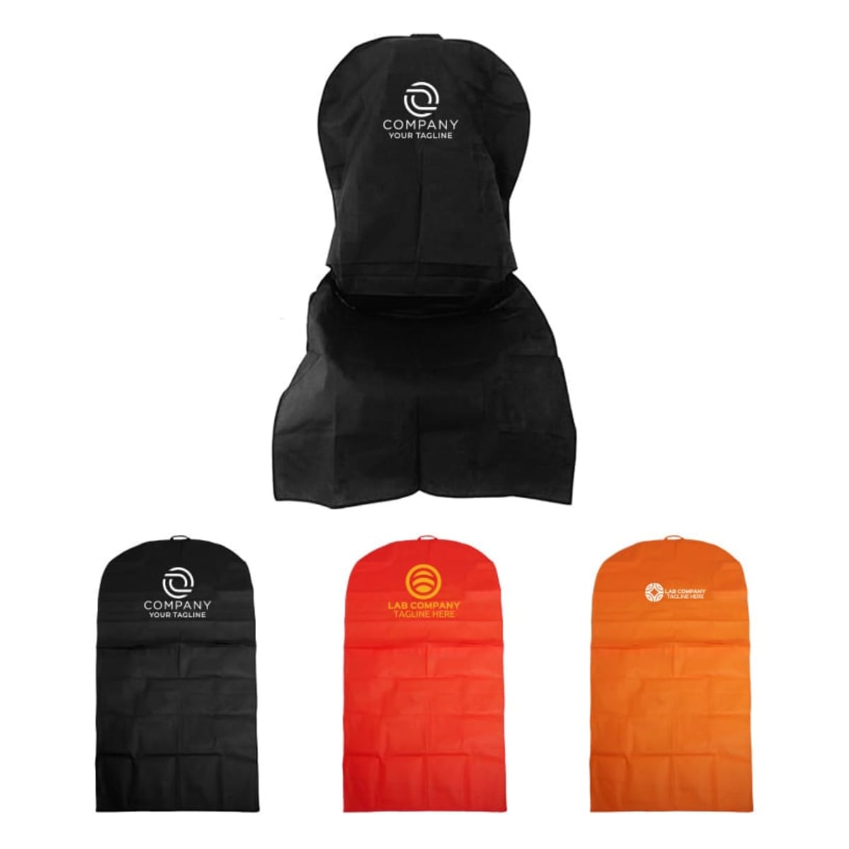 Four garment bags in black and orange colors with logo designs. Three bags are displayed flat with print visible, while one is shown open, revealing its structure.