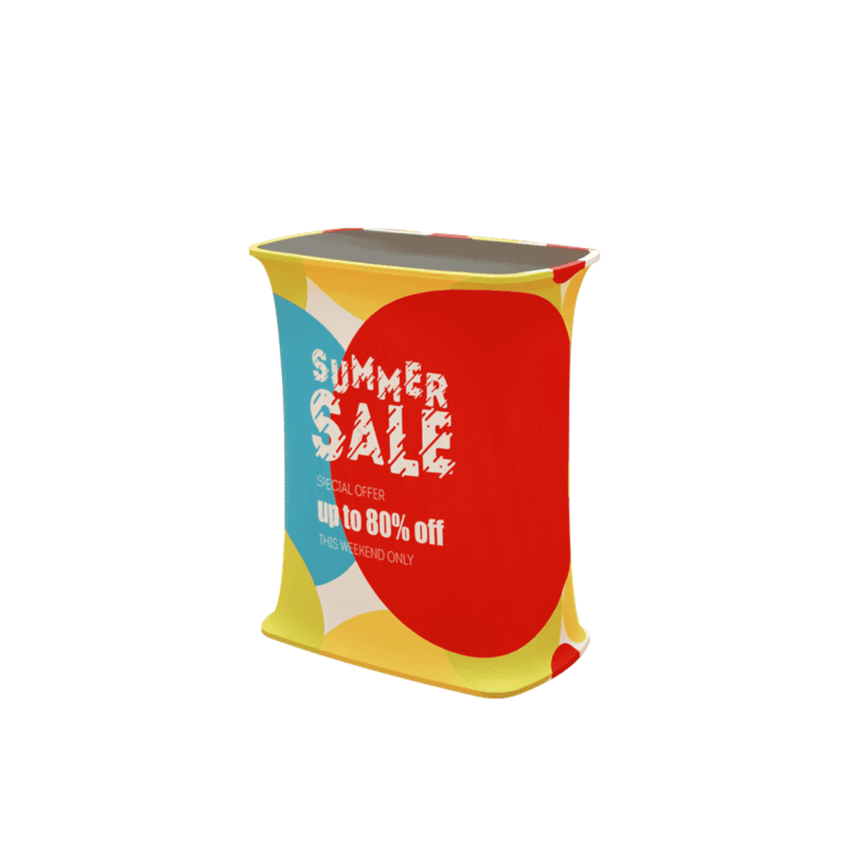 Rectangular display stand with a colorful, wavy pattern in red, yellow, and orange. Text reads Summer Sale and Special Offer up to 80% off.