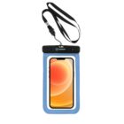 A smartphone with an orange wallpaper is encased in a blue waterproof pouch with a black top. The pouch features a strap attached to it for carrying.