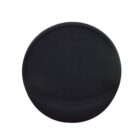 A black circular mouse pad with a wrist rest at the bottom. The fabric surface of the pad contrasts slightly with the smoother material of the wrist rest.