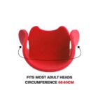 Red foam helmet, labeled to fit most adult heads, 58-60 cm circumference.