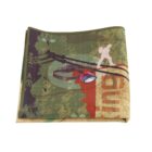 A multi-colored, folded bandana with a camouflage design. It features a white silhouette of a person holding a camera and a red carabiner on top of abstract shapes and patterns. The color scheme includes green, red, and beige tones.