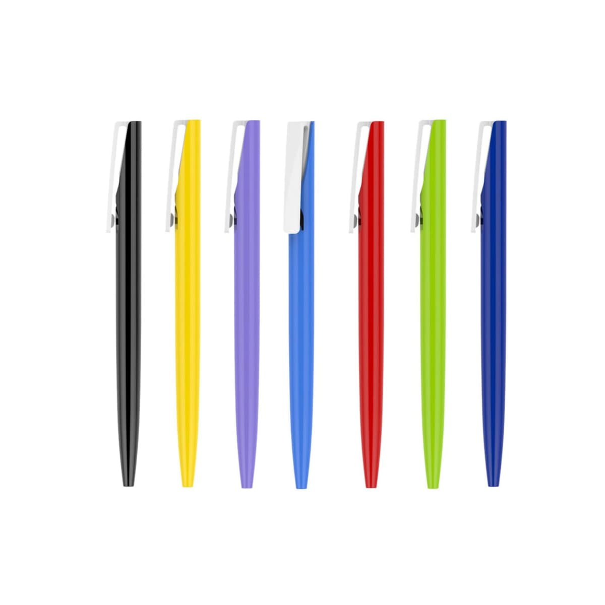 A row of six pens with silver clips, displayed vertically. The pens are colored black, yellow, purple, blue, red, and green, from left to right, against a white background.