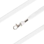 Close-up of a white rope with a metal hook clip, possibly a leash. The rope is coiled in a way to show the length and texture. The clip is shiny and attached securely to the rope. The background is white.