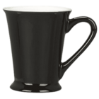 A sleek, modern black ceramic mug with a wide top, narrowing towards a pedestal base, and a curved handle. The interior is white, creating a contrast with the glossy black exterior.