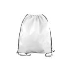 A plain white drawstring bag with black cords. The bag is shown against a white background.