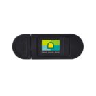 A black USB flash drive with a sliding cover, featuring a rectangular yellow and green logo with a semi-circle design, and the text lorem ipsum dolor on the front.
