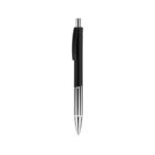 A black and silver retractable ballpoint pen with a clip, isolated on a white background.