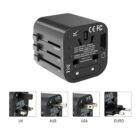 Universal travel adapter with multiple plug types (UK, AUS, USA, EURO) shown in separate images below the main image. Main section displays input specifications and safety certifications. Black compact design with USB ports.