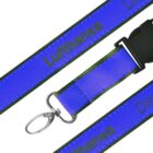 Blue and green lanyard featuring a metal clasp and black plastic buckle. The word Lufthansa is printed on it.