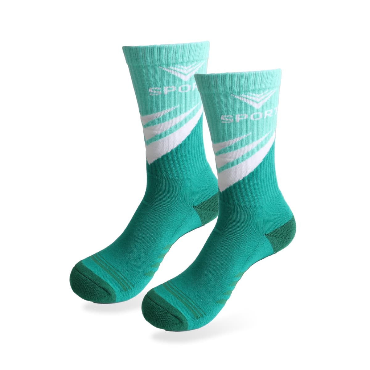 A pair of teal sports socks with white stripes and the word SPORT near the top. The socks have a dark teal toe and heel.