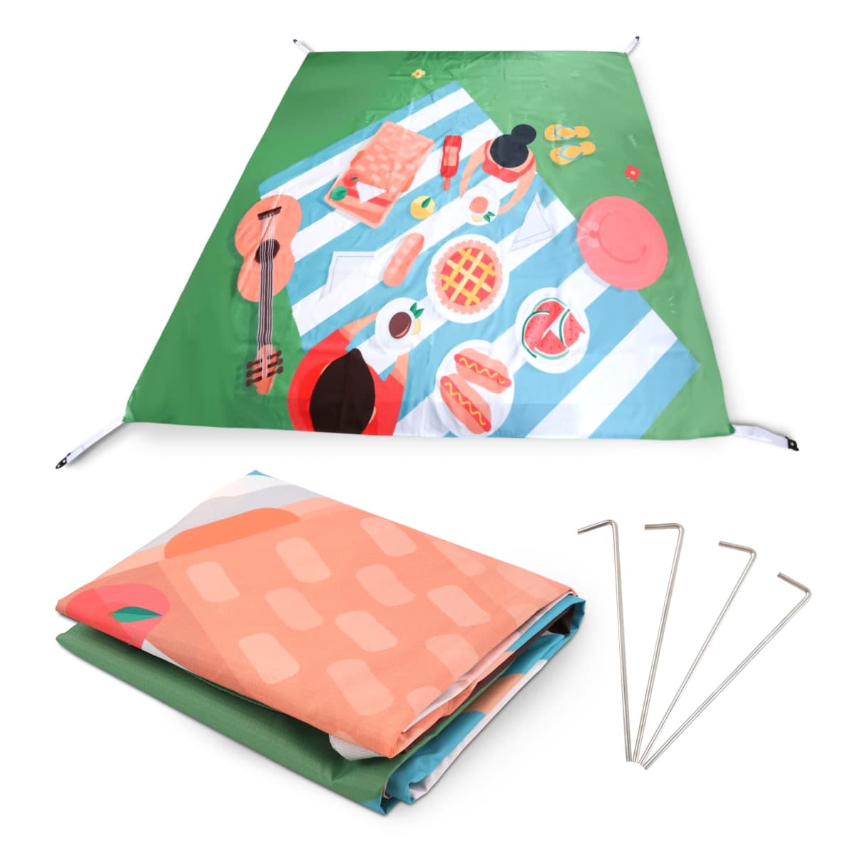 A colorful picnic blanket with an illustrated picnic scene showing food and utensils, alongside three metal stakes and the folded blanket.