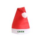 Red Santa hat with a white brim and pom-pom, featuring the green logo CAIXA on the brim, against a white background.