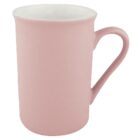 A pastel pink, cylindrical mug with a simple design and a curved handle, set against a white background.