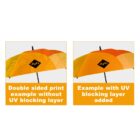 Two umbrellas are shown. The left has a floral pattern, labeled Double sided print example without UV blocking layer. The right has a muted pattern and is labeled Example with UV blocking layer added. Both have the Agfa logo.