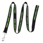 A black dog leash with green text that reads Barn Lodge Veterinary Hospital and a phone number. It has a metal clasp for attaching to a collar.
