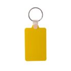 A yellow rectangular key tag is attached to a silver metal keyring. The tag has rounded corners and is connected to the keyring by a small transparent plastic holder. The background is plain white.
