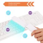 Hand using UV sterilizer on a white keyboard with O3 and UVC effects highlighted.