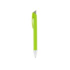 A lime green ballpoint pen with a metallic tip and clip. The pen is positioned vertically against a plain white background.