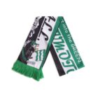 A green and white scarf featuring an illustrated character playing football, with text reading SHIMIZU S-PULSE and JUMP into the GREEN. The design includes fringes at the ends.