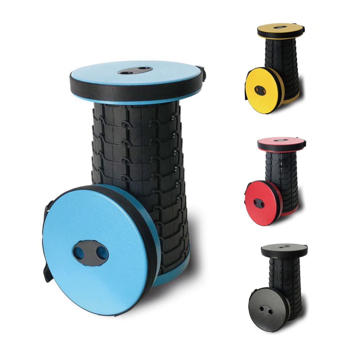 Collapsible camping stools in blue, yellow, red, and black with a retractable design. Each stool features a round seat and a segmented, expandable body that compacts for easy storage and portability.