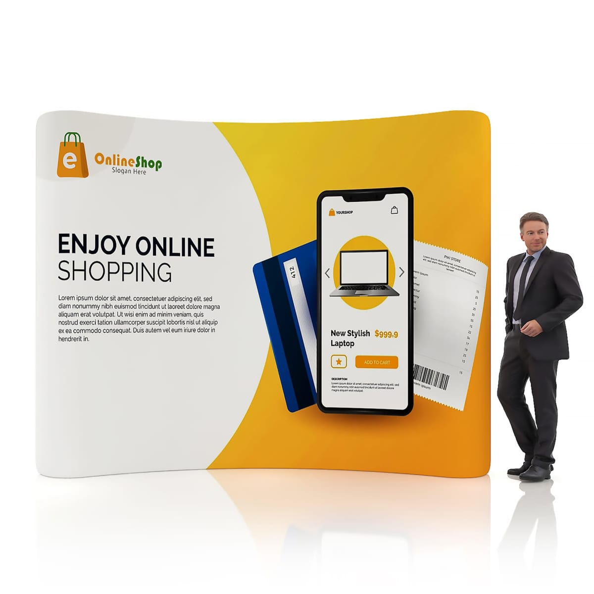 A man in a suit stands next to a large banner displaying an online shopping advertisement. The banner features a phone showcasing a laptop priced at $999.99, two credit cards, and the text Enjoy Online Shopping.