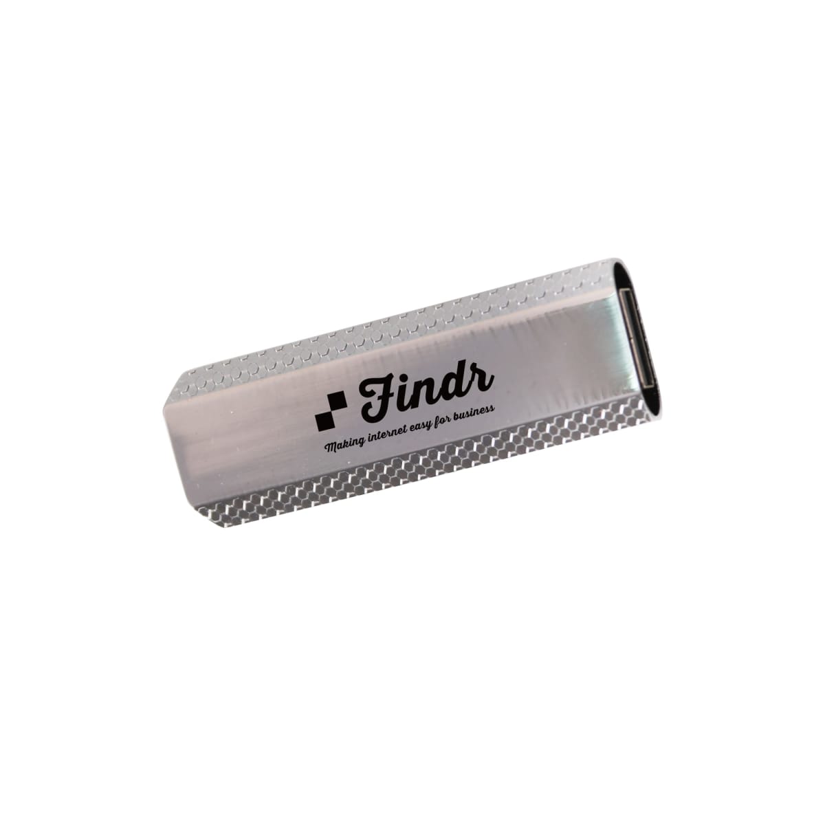 Silver USB drive with a black logo that reads Findr and the tagline Making internet easy for business below it. The USB drive has a textured grip on the sides.
