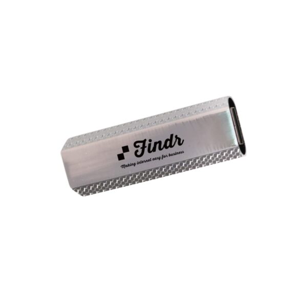 A silver USB flash drive with a textured grip, featuring the logo and text Findr along with the slogan Making internet easy for business. The drive is angled slightly upward and isolated on a white background.
