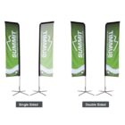 Four green rectangular banners displayed on stands, labeled Single Sided and Double Sided. Each banner features white text and a mountain graphic. The single-sided ones show one side, while double-sided ones are visible from both sides.