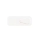 A white rectangular object with a rounded end and a tear-drop shaped indentation on one side, set against a plain white background.