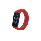 A red fitness tracker with a digital display shows the time, date, temperature, and heart rate. The band is flexible, and the screen features colorful graphics for easy readability.