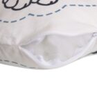 Close-up of a pillow with a visible open zipper, revealing the white stuffing inside. The pillow cover is white with black and blue outlined designs.