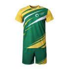 Green and yellow sports uniform with abstract patterns, consisting of a short-sleeved shirt and shorts. The shirt features white and yellow diagonal stripes, and a placeholder logo labeled Company Name on the chest.