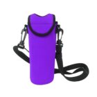 A purple insulated bottle holder with a black strap and clip-on attachments, designed for easy carrying. The strap is adjustable and the holder appears to be made of a soft material, suitable for securing various bottle sizes.