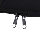 Close-up of two black zipper pulls on a dark fabric. The zippers are positioned side by side at the end of a seam, against a solid black background.
