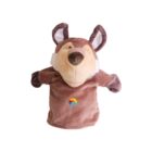 A brown plush hand puppet resembling a wolf, with large ears, a beige snout, and a friendly expression. The puppet has a colorful logo on its chest.