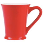 A bright red mug with a slightly flared rim and a curved handle on the right side, set against a white background.