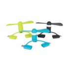 Three mini portable fans with USB connectors. One is lime green, one is blue, and one is black. Each fan has two blades and interchangeable connectors for different devices. They are arranged on a plain white background.
