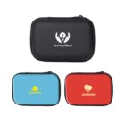 Three rectangular zippered pouches are displayed. The top pouch is black with a startupideas logo, the bottom left is blue with a Greenidea logo featuring a leaf and lightbulb, and the bottom right is red with an ecolover logo featuring a heart and leaf.