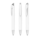 Three white pens with silver tips are shown from different angles. Each pen has a sleek design with a triangular clip and a click mechanism. The pens are positioned upright against a plain white background.