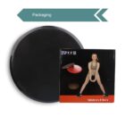 A black exercise slider disc is shown next to its packaging box. The box includes an image of a person using the sliders with their hands in a workout stance, wearing athletic gear. The word Packaging is displayed above with an arrow.