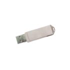 A silver USB flash drive with a rectangular cover and a small keyring loop, isolated on a white background.