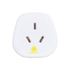 A white, triangular-shaped electrical plug adapter with three flat rectangular prongs. It has a yellow logo and the word AQUUMA printed on the front. The design is simple and minimalist, suitable for various electrical outlets.