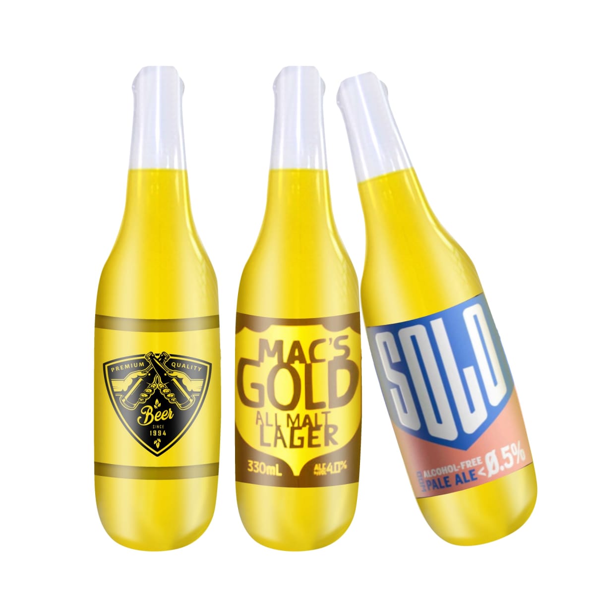 Three beer bottles with different labels are displayed. The labels read Premium Quality, Macs Gold All Malt Lager, and Solo Alcohol-Free Pale Ale 0.5%. The bottles are gold in color and arranged side by side.