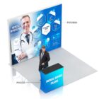 A medical conference booth features a backdrop with a smiling doctor and various medical icons. A man in a suit stands by a podium labeled Medical Service Pillars, pointing to the display. Labels indicate POS380A and POS320 in the setup.